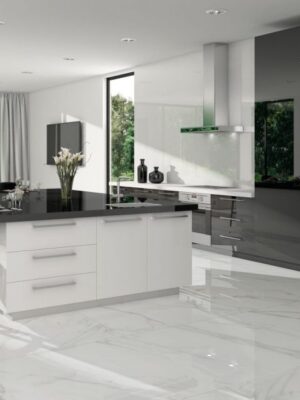 White porcelain tile in a kitchen