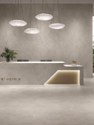 a lobby with Terra Fusion tile that ties up all the color and create a warm atmosphere.