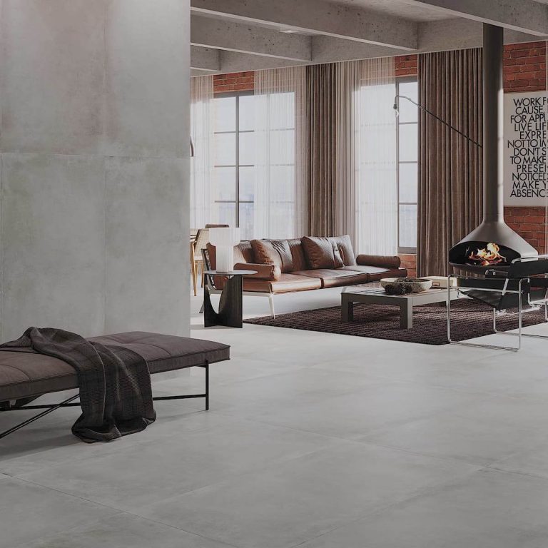 open floor plan urban condo with drying concrete style. light gray large rectangular tiles on the wall and floor
