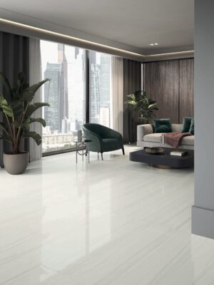 24x48 polished porcelain tile with the white marble look and linear veining in soft grey color
