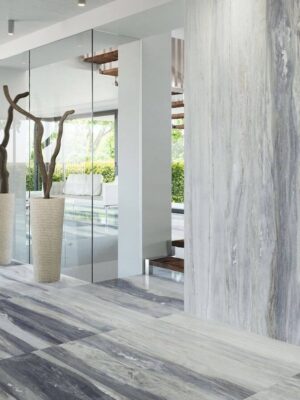 a living room wall and floor picture with blue porcelain tile.