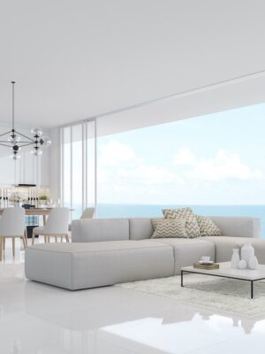 48x48 white porcelain floor tile in a living room