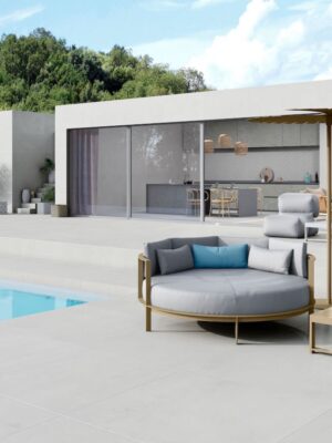 minimalistic tile pool deck scene in a Biophilic Design