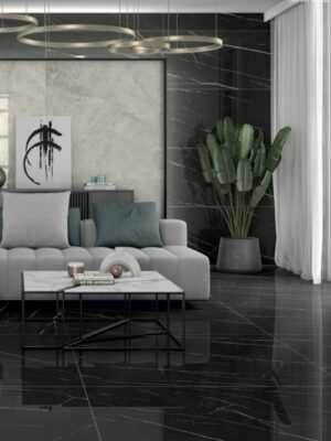 black porcelain tile floors