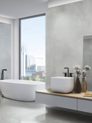 bathroom floors and wall with 24x48 polished cement tile in white color