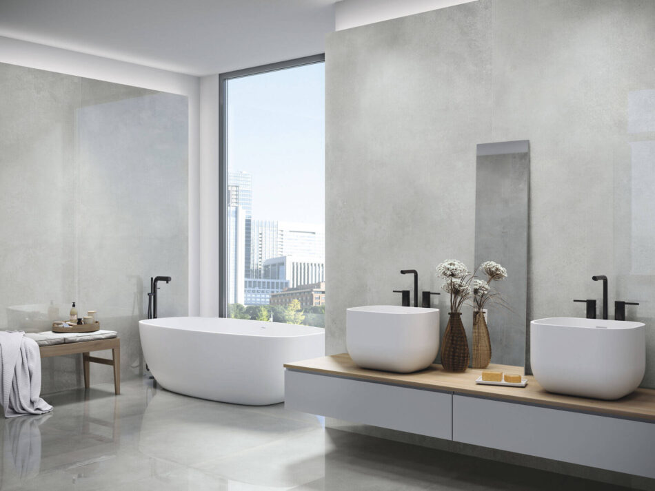 bathroom floors and wall with 24x48 polished cement tile in white color