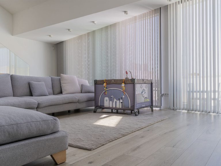 living room scene for a guide about cleaning porcelain tiles