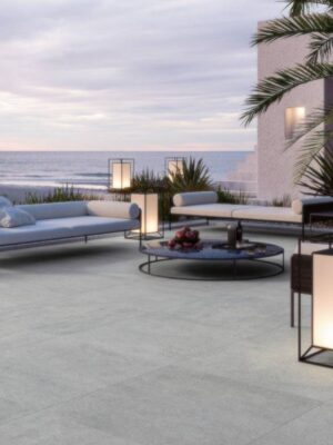 light gray concrete porcelain look tile in a deck