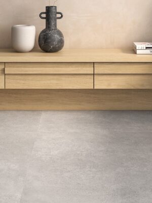 bedroom floor with a large 4x48 size tile in gray color that looks like industrial floors.