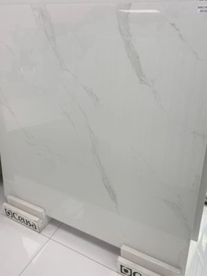 white marble Carrara look tile on showroom display