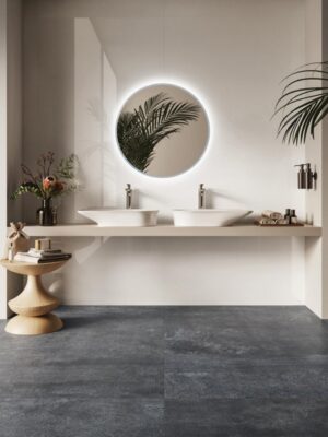 A luxurious white tile on the wall behind the vanity in bathroom
