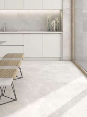 floors setting of the large format porcelain tile in light gray color with the look of the limestone
