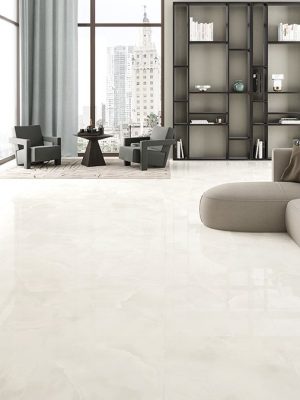 48x48 polished porcelain tile that looks like onyx in a luxurious living room.