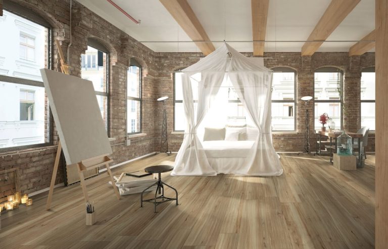 a work shop with Italian wood porcelain tile in natural wood colors