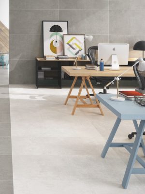 Design studio with Atelier concrete effect porcelain tiles, creating an airy, modern look.