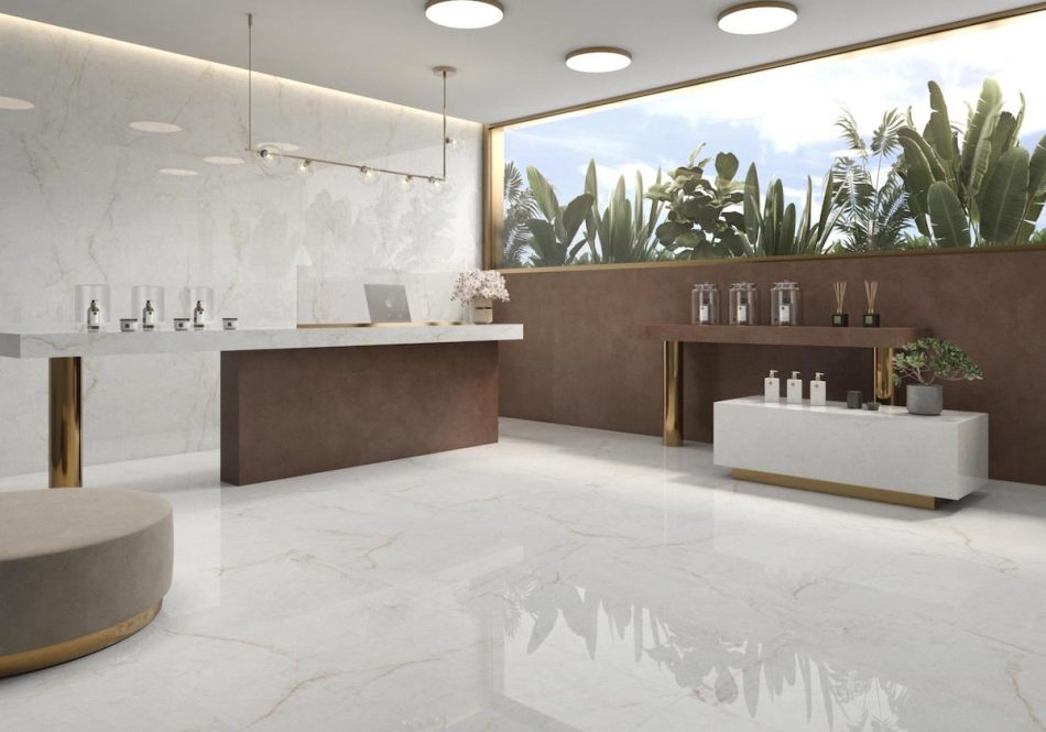 a spa lobby with Crystalline tile on the floor and wall