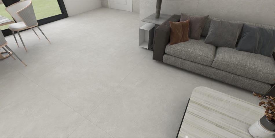 a living room with light gray color concrete look tile