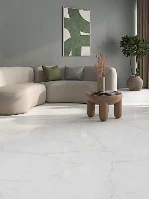 a living room with huge tile that that loos like a white marble with beige veining